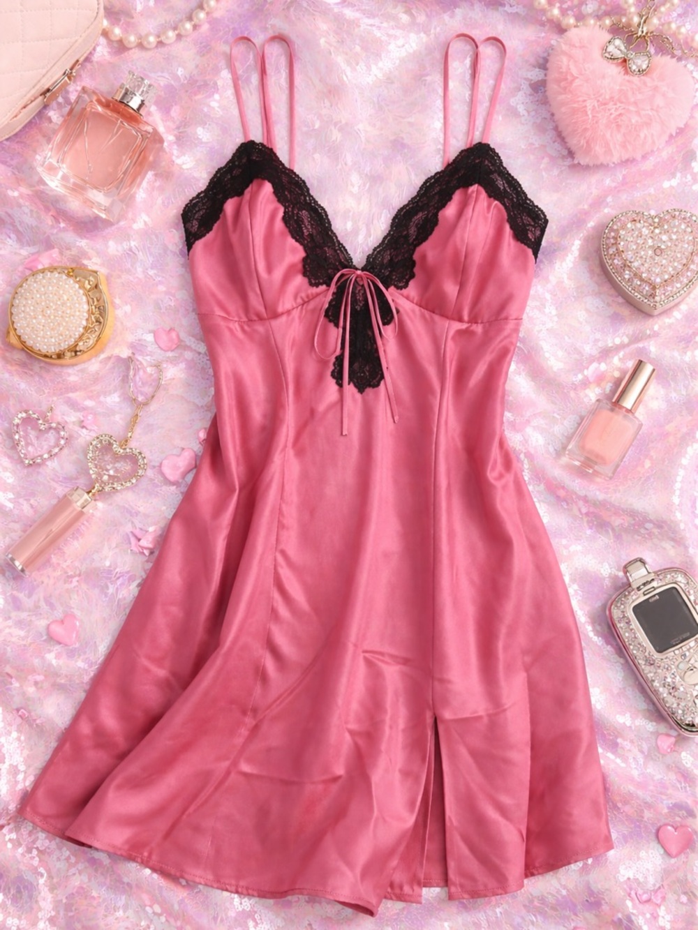 Y2K Frederick’s of Hollywood Pink Satin Lace Chemise Slip Dress Medium